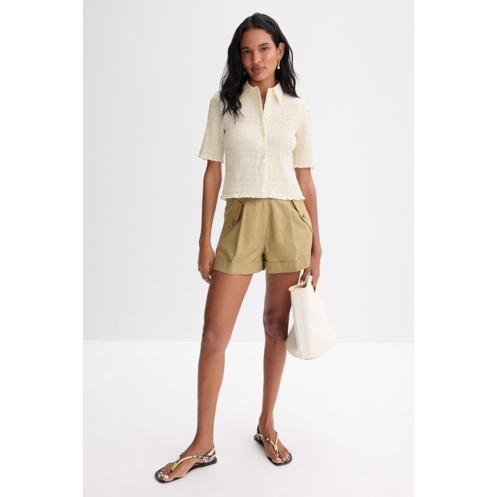 Veronica Beard Silvana Top Size M Cream Textured Crinkle Boxy Crop Shirt